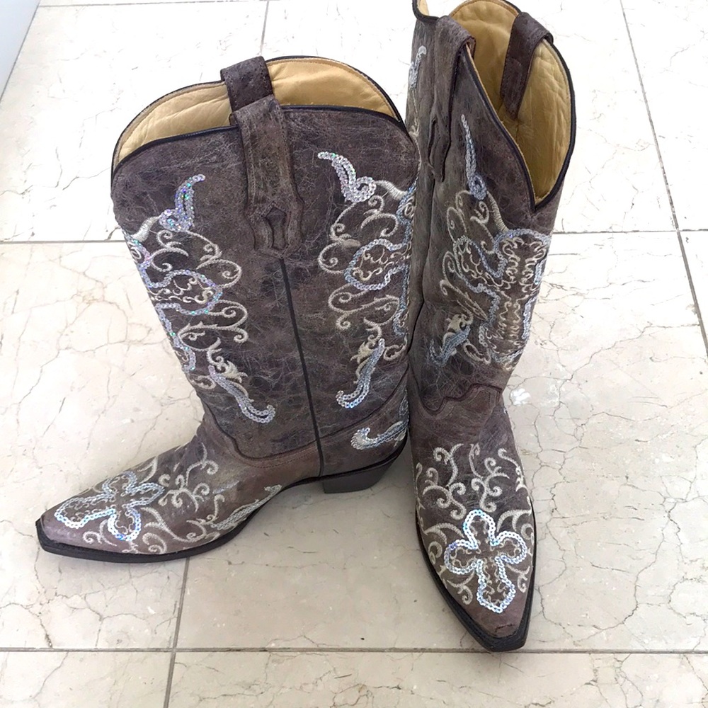 Corral Tobacco Silver Sequin Cross Boots size 12M